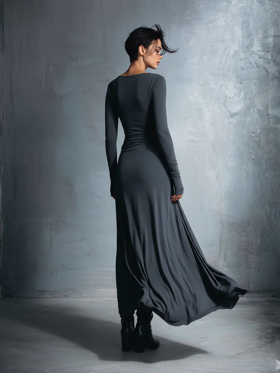 Grey Sophisticated Jersey Knit Wrap - Knot Maxi Dress