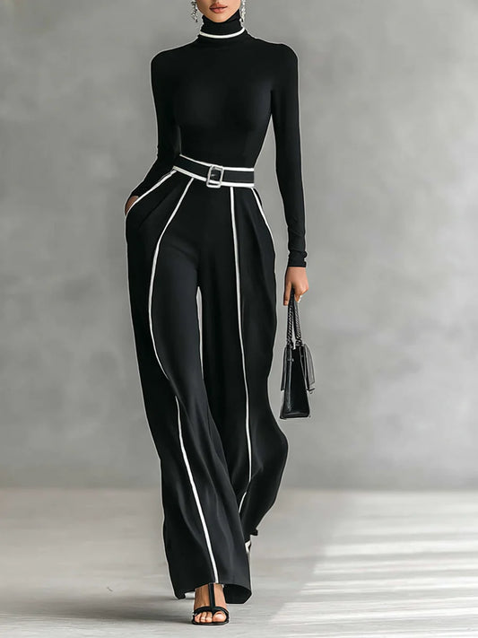 White Trimmed Turtleneck Long Sleeve Top & Wide Leg Pants Belt Two-Piece Set