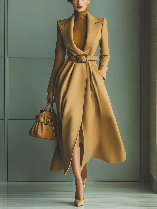 Khaki Wool Blend Belted Long Coat