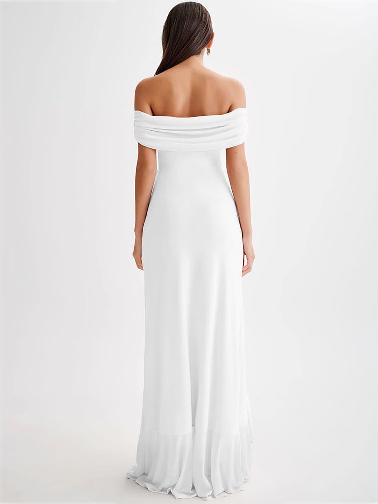 Off Shoulder High Split Ruffled Dress
