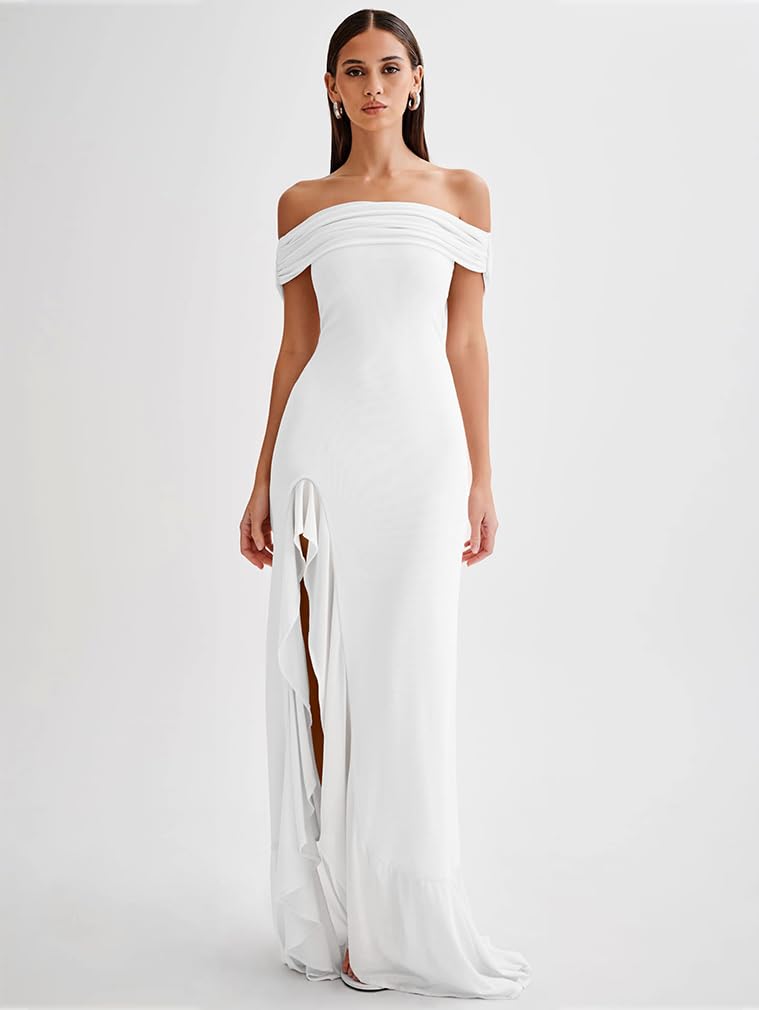 Off Shoulder High Split Ruffled Dress