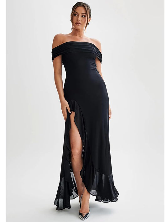 Off Shoulder High Split Ruffled Dress