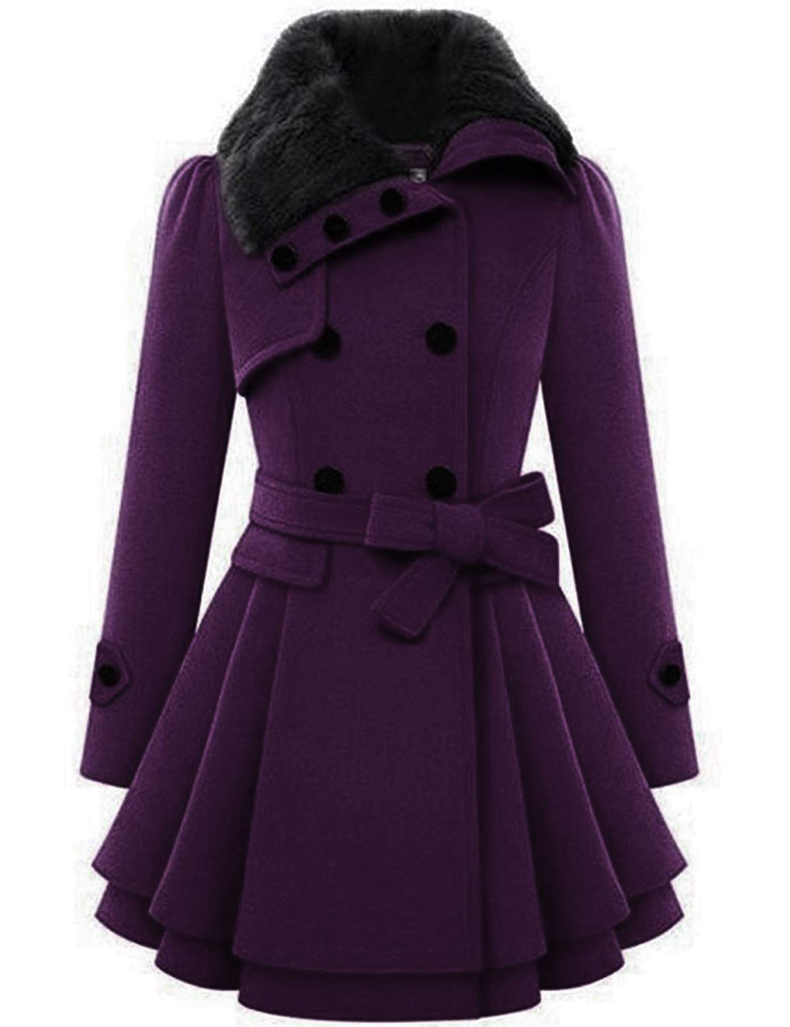 Zeagoo Faux Fur Lapel Double-breasted Thick Wool Coat