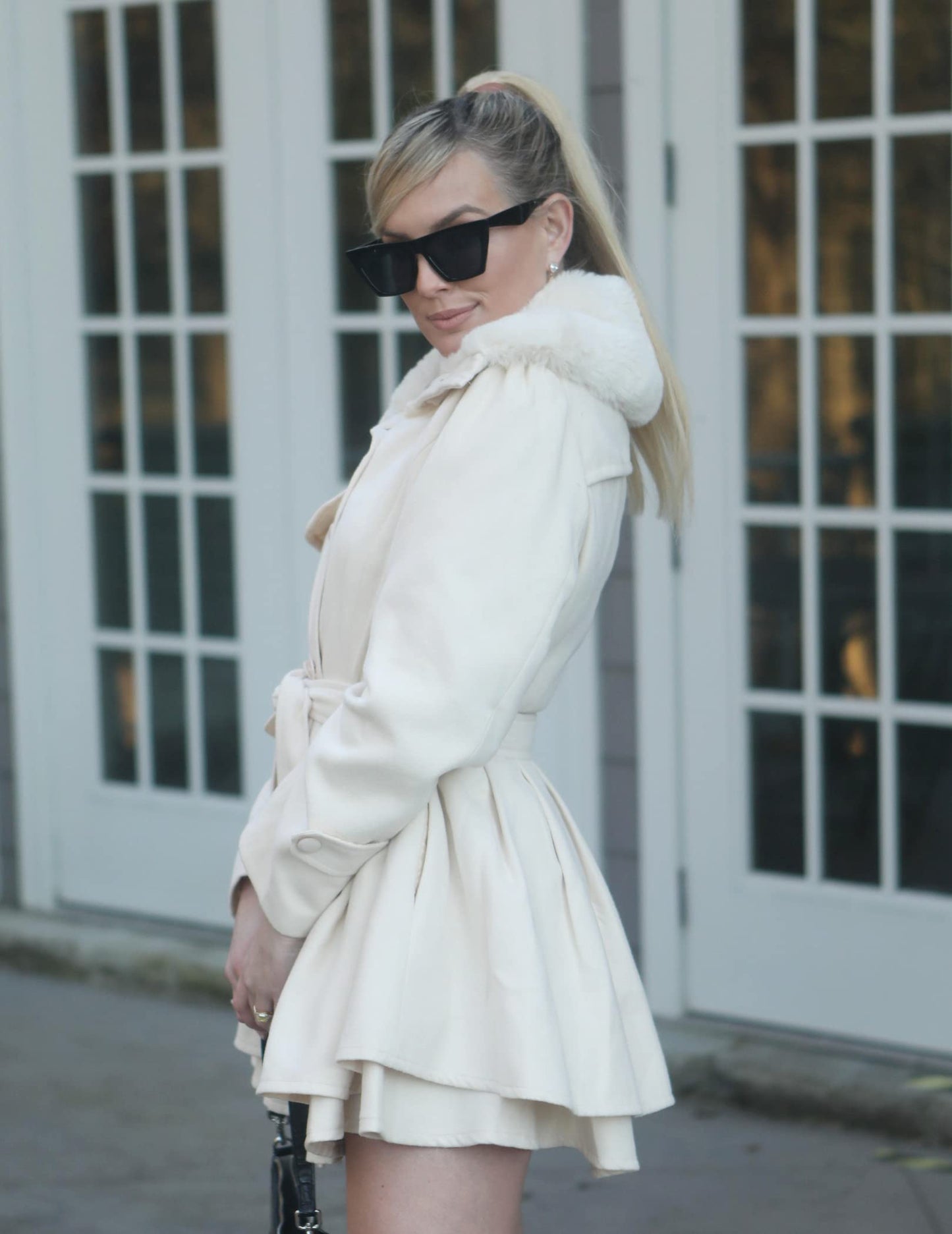 Zeagoo Faux Fur Lapel Double-breasted Thick Wool Coat
