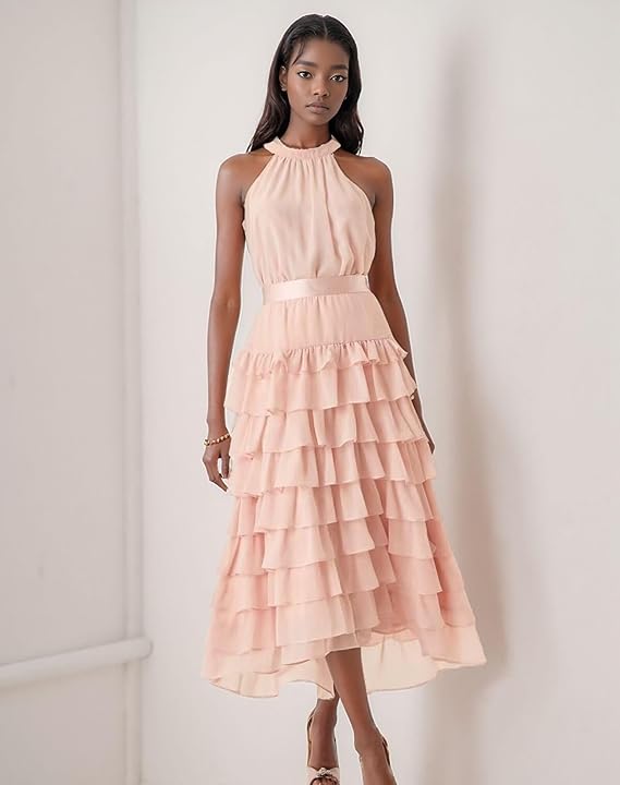 Layered Chiffon Tea-Length Dress