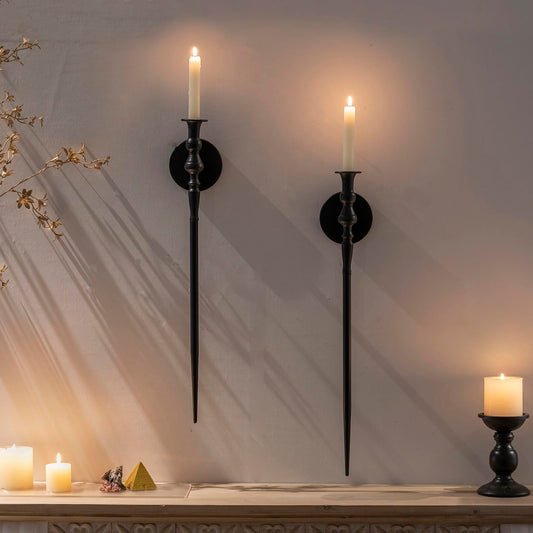 Set of 2, Large Black Scepter Metal Wall Candle Holder