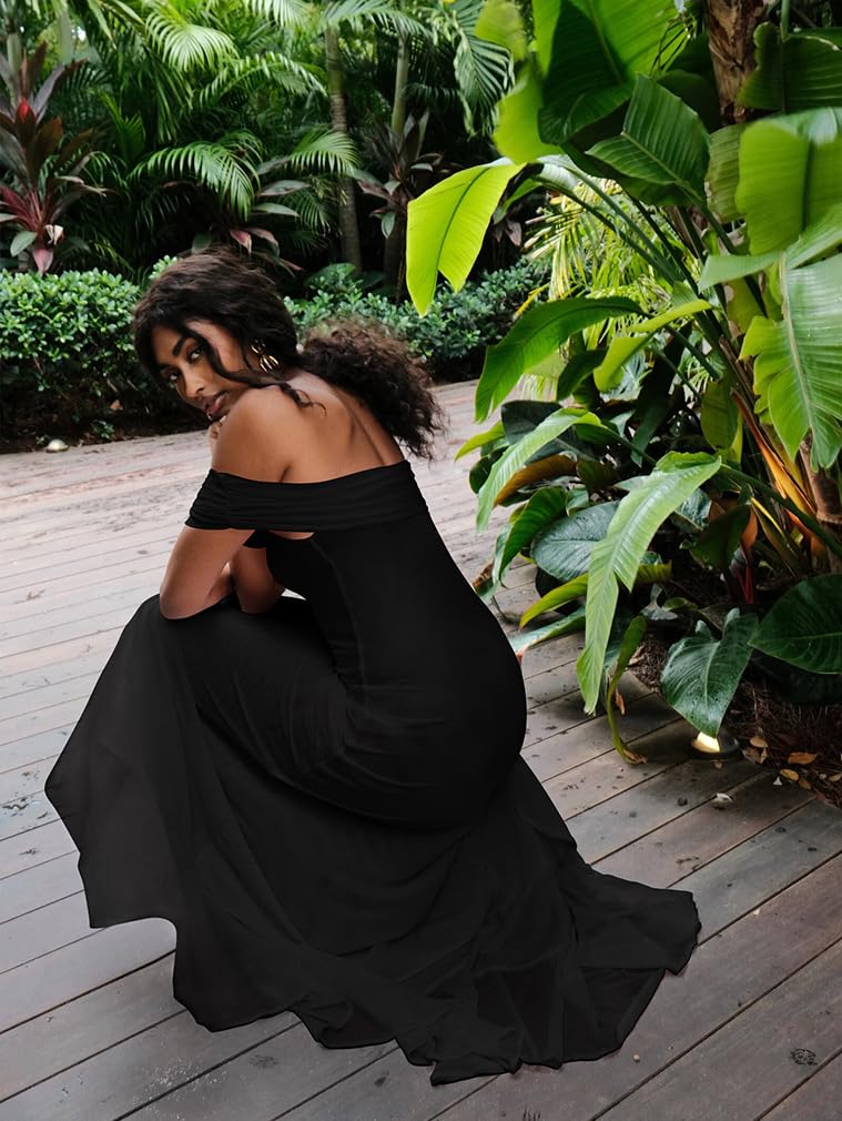 Off Shoulder High Split Ruffled Dress