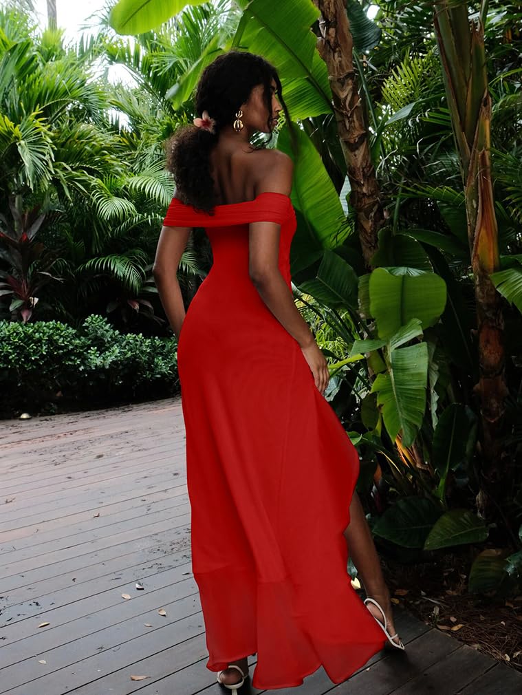 Off Shoulder High Split Ruffled Dress