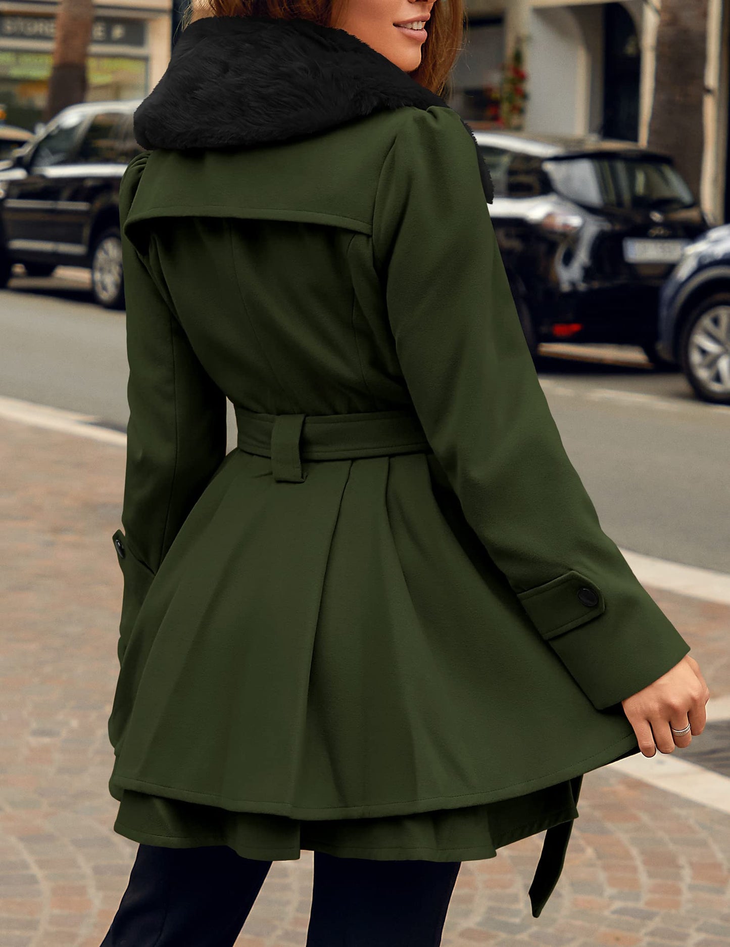 Zeagoo Faux Fur Lapel Double-breasted Thick Wool Coat