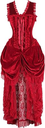 Steel Boned Dark Red Velvet Victorian Bustle Corset Bustier Dress
