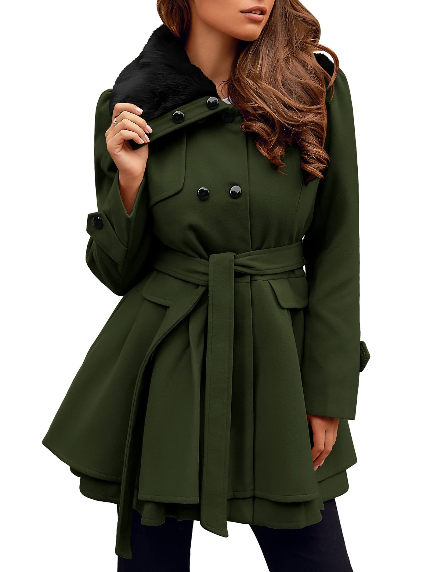 Zeagoo Faux Fur Lapel Double-breasted Thick Wool Coat