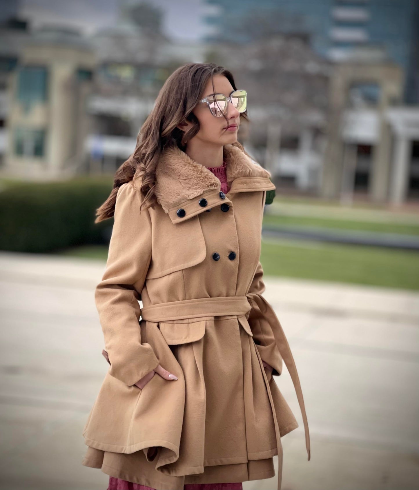 Zeagoo Faux Fur Lapel Double-breasted Thick Wool Coat