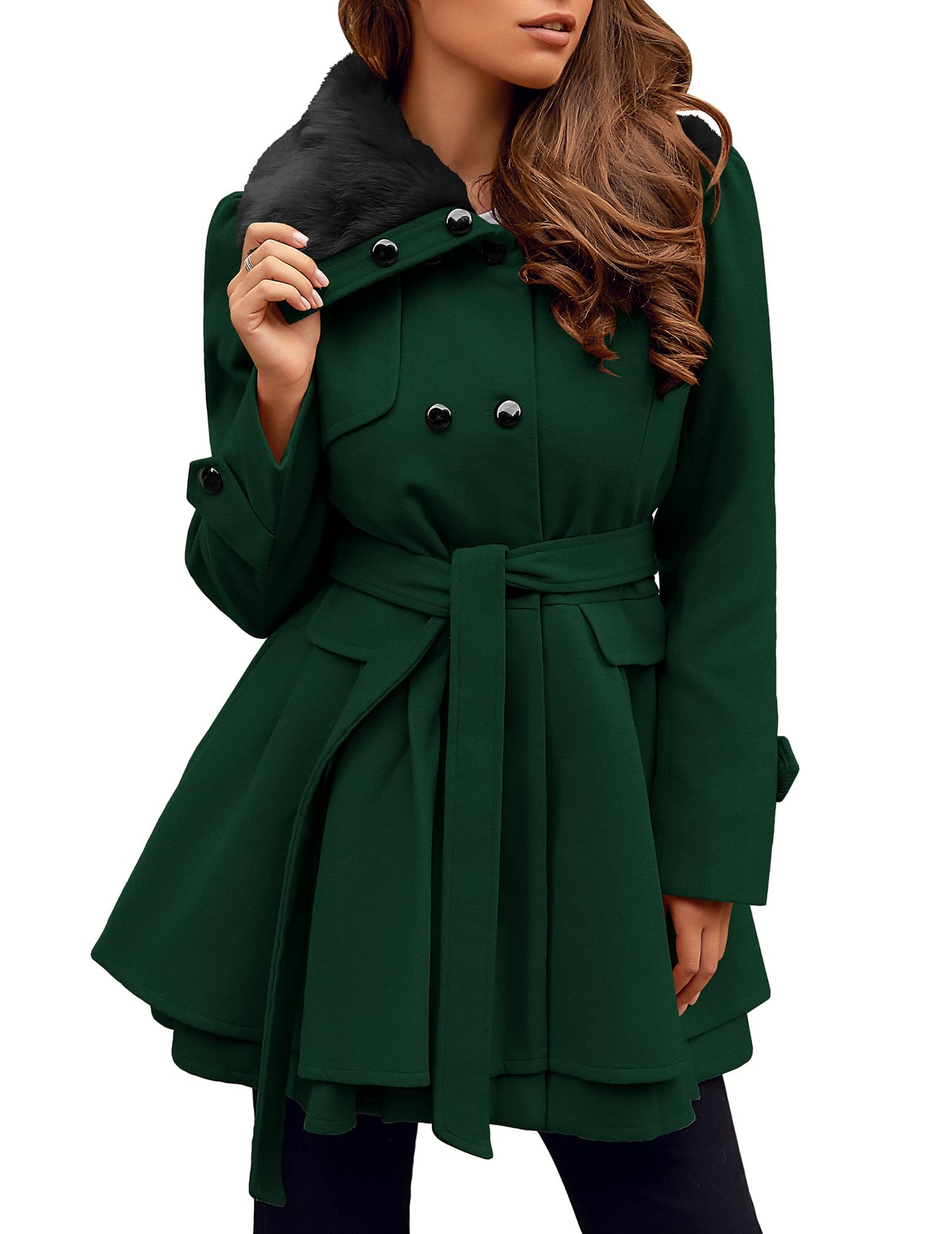Zeagoo Faux Fur Lapel Double-breasted Thick Wool Coat