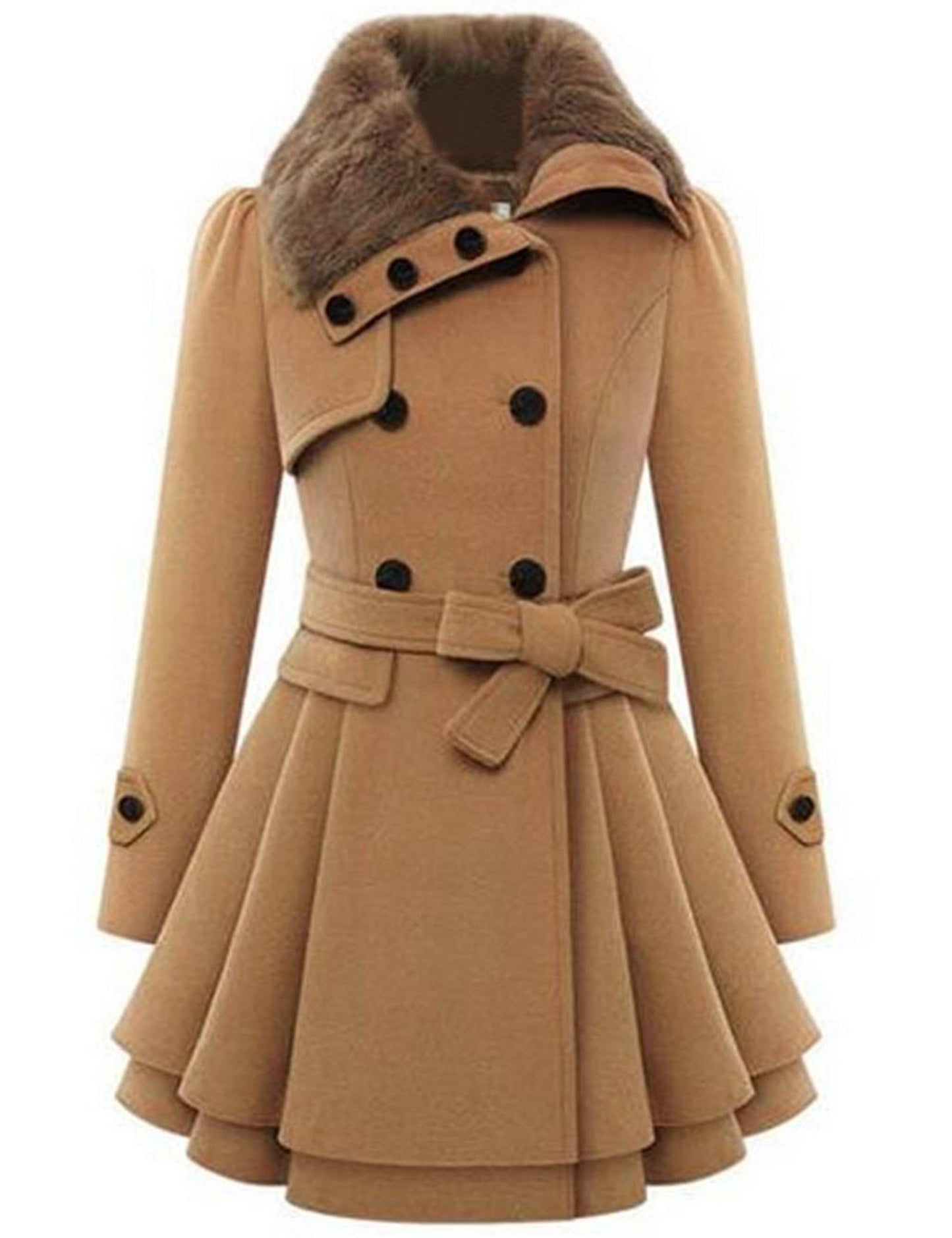Zeagoo Faux Fur Lapel Double-breasted Thick Wool Coat