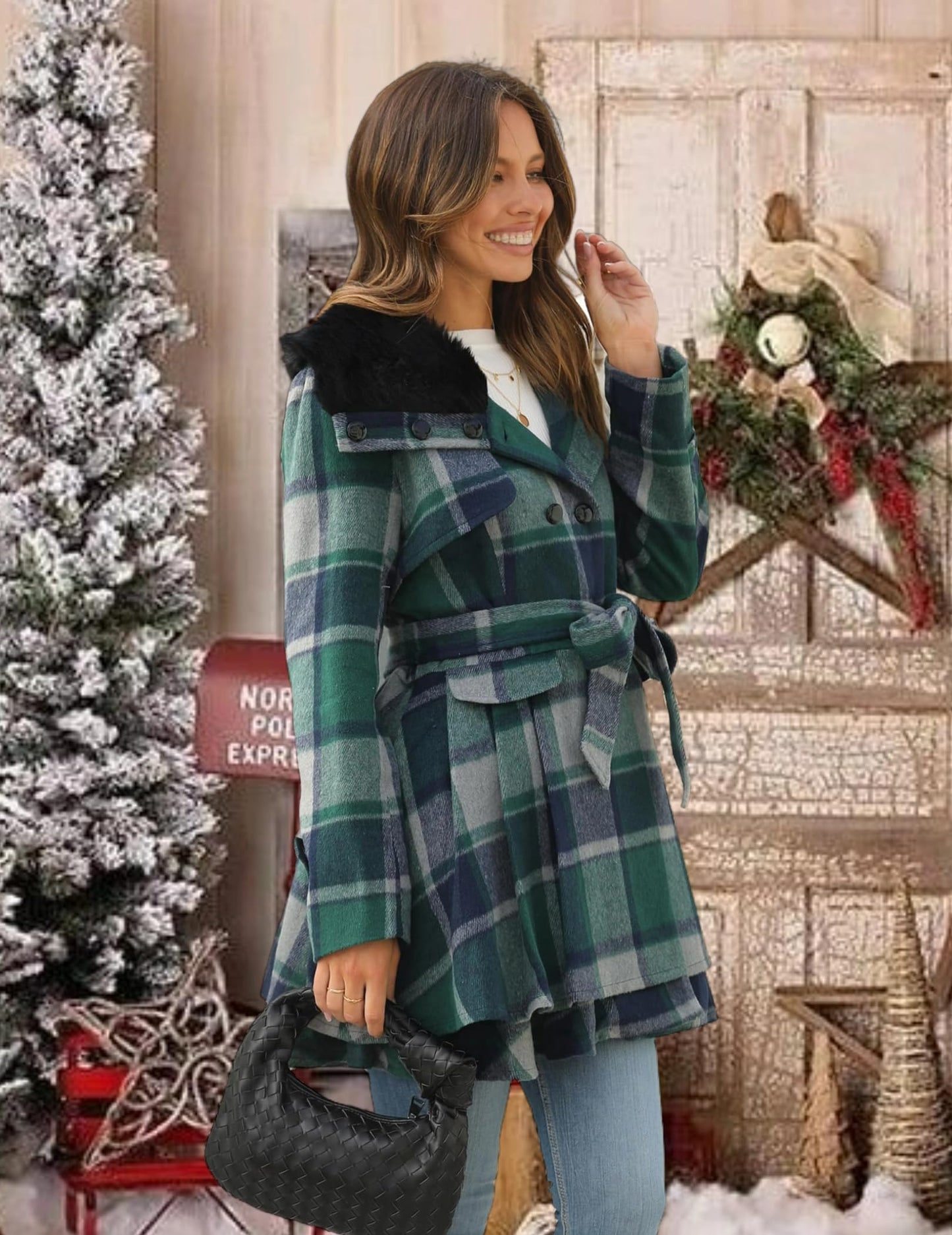 Zeagoo Faux Fur Lapel Double-breasted Thick Wool Coat