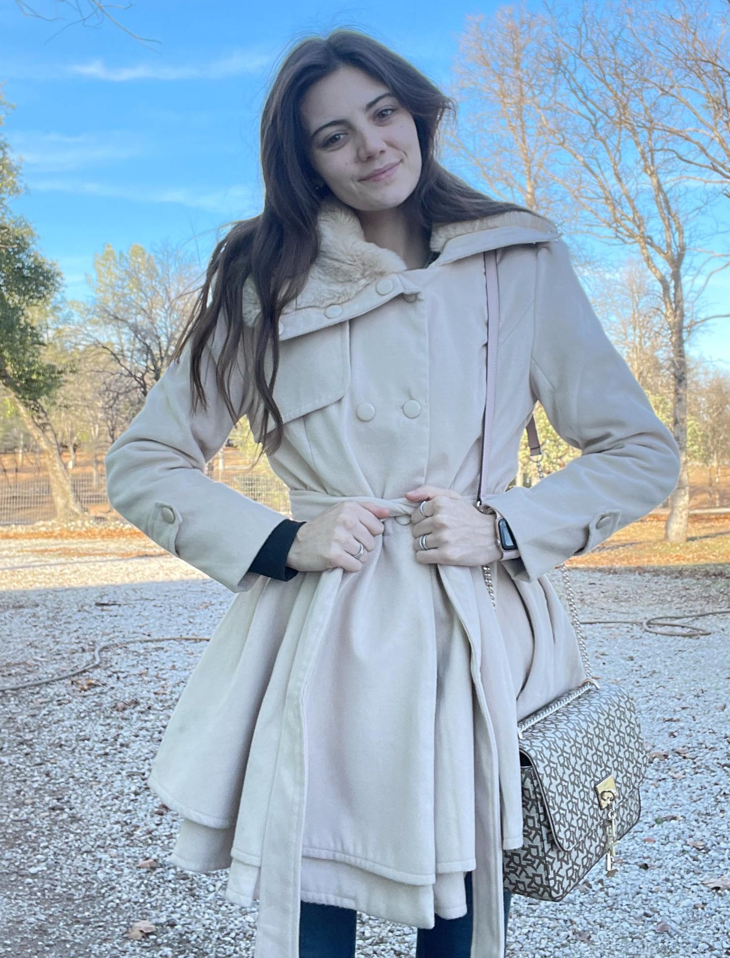 Zeagoo Faux Fur Lapel Double-breasted Thick Wool Coat
