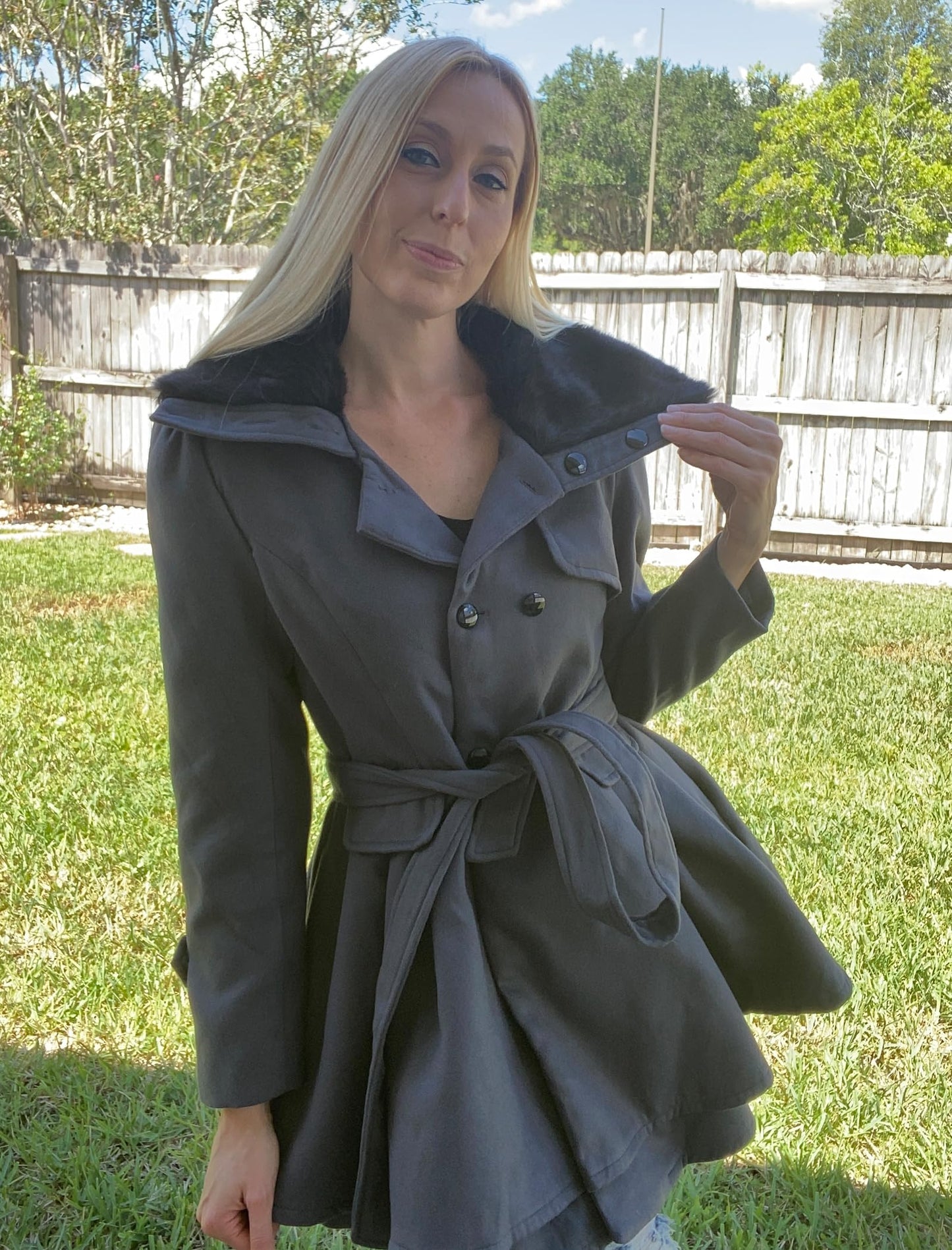 Zeagoo Faux Fur Lapel Double-breasted Thick Wool Coat