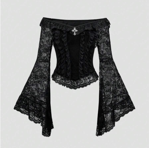 Off Shoulder Bell Flared Sleeve Lace Blouse