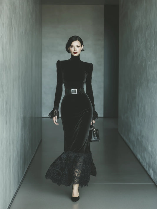 Black Velvet Lace Elegant Maxi Dress