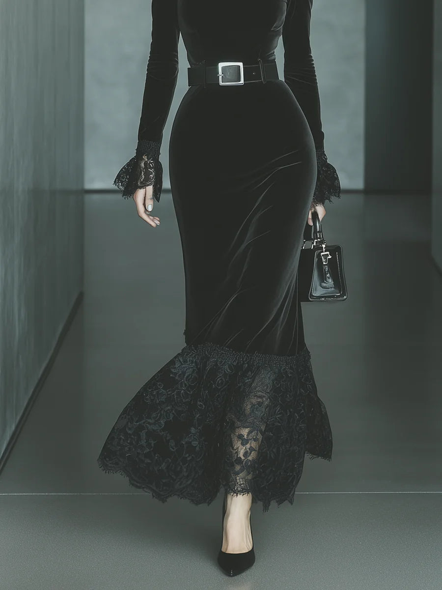 Black Velvet Lace Elegant Maxi Dress