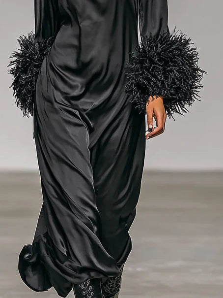 Satin Round Neck Spliced Cuffs Removable Fur Midi Dress