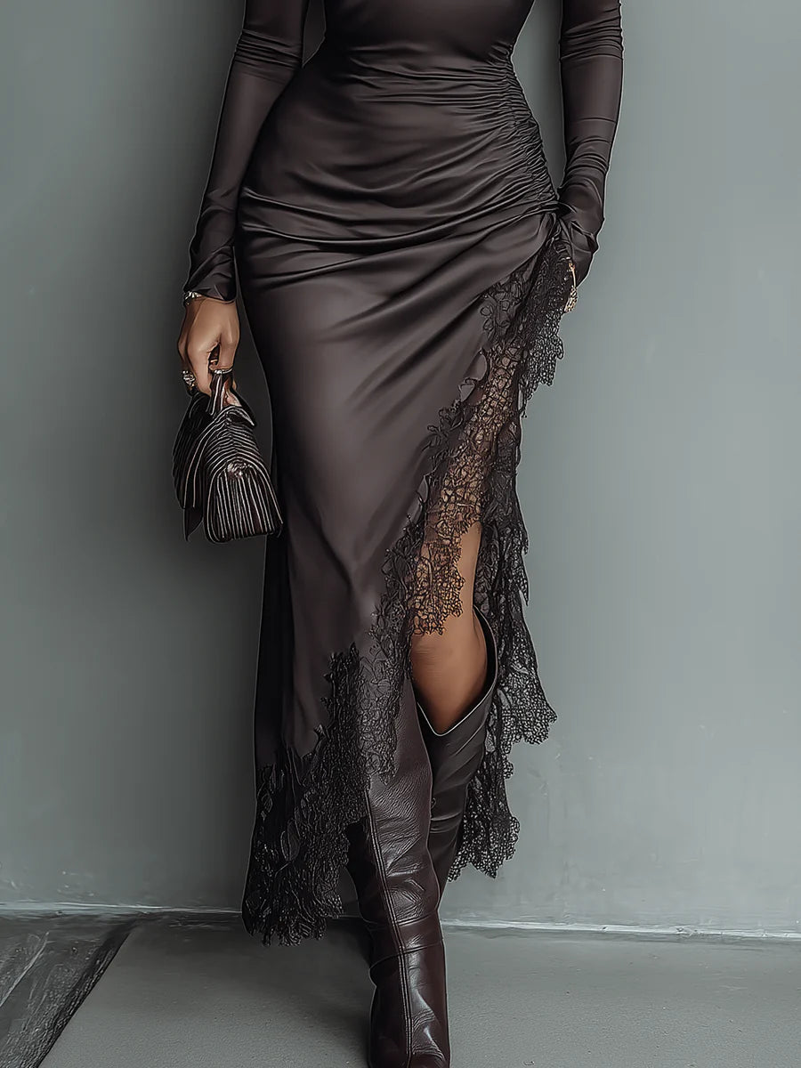 Dark Brown Satin Irregular Hem Lace Dress