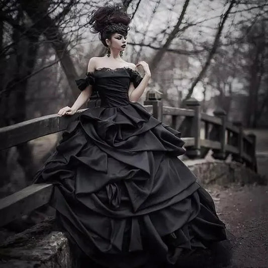 Lace Tiered Wedding Dress in Black Taffeta