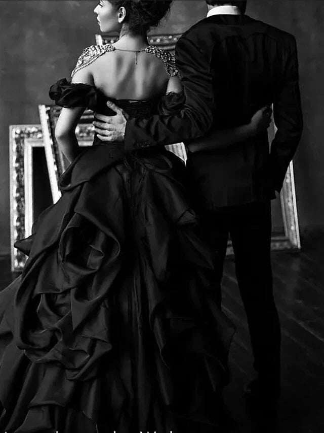 Lace Tiered Wedding Dress in Black Taffeta