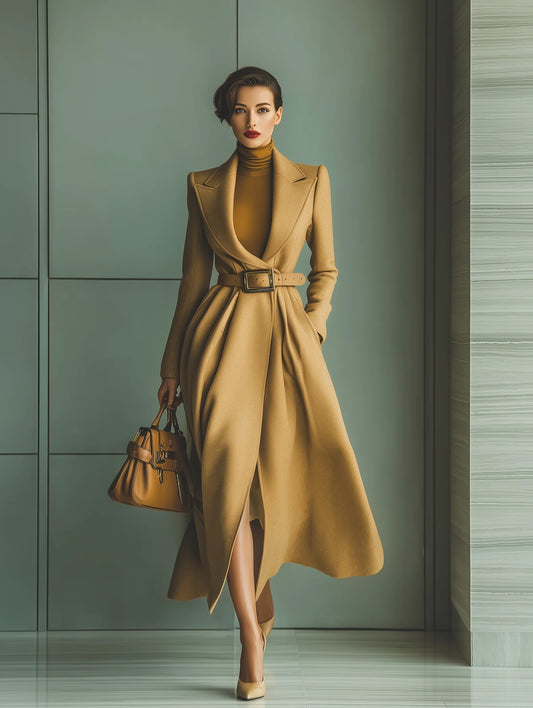 Khaki Wool Blend Belted Long Coat