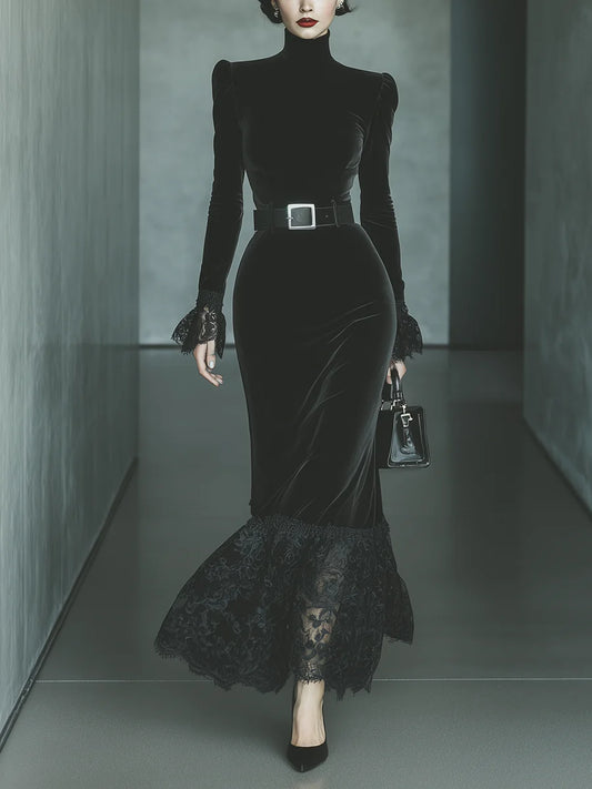 Black Velvet Lace Elegant Maxi Dress