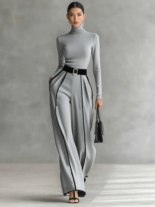 White Trimmed Turtleneck Long Sleeve Top & Wide Leg Pants Belt Two-Piece Set