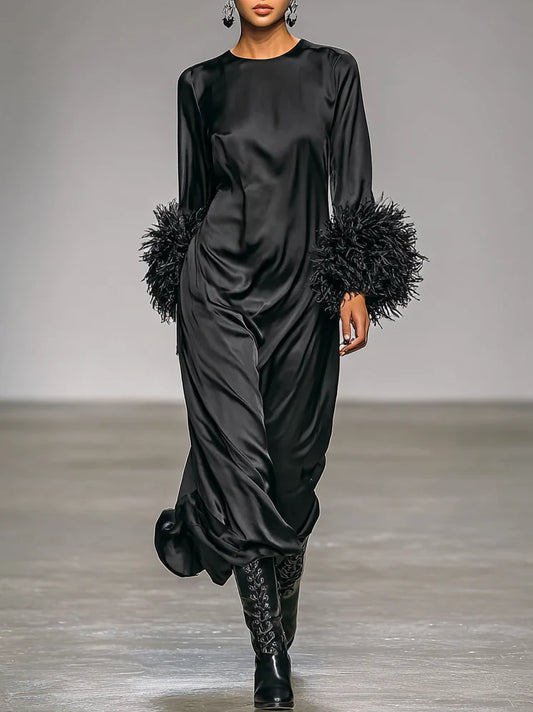 Satin Round Neck Spliced Cuffs Removable Fur Midi Dress