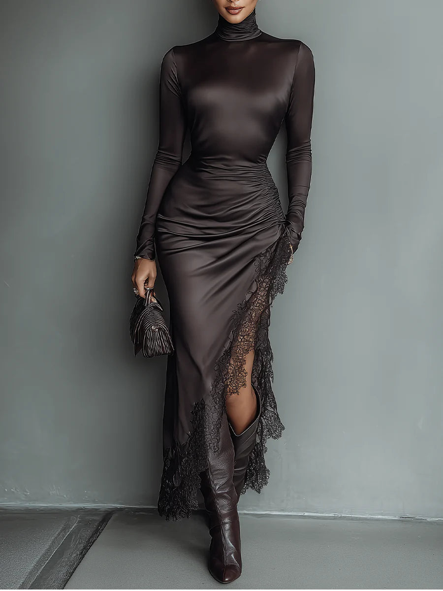 Dark Brown Satin Irregular Hem Lace Dress
