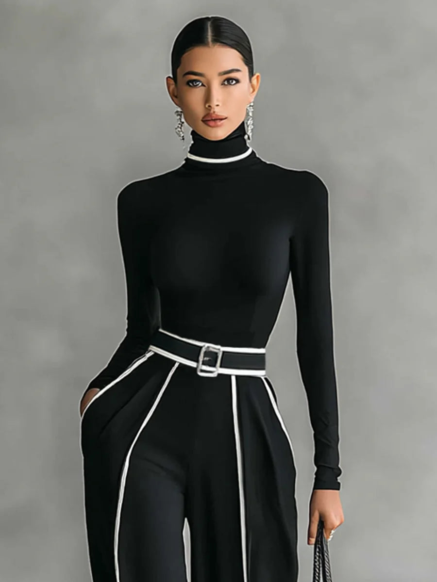 White Trimmed Turtleneck Long Sleeve Top & Wide Leg Pants Belt Two-Piece Set