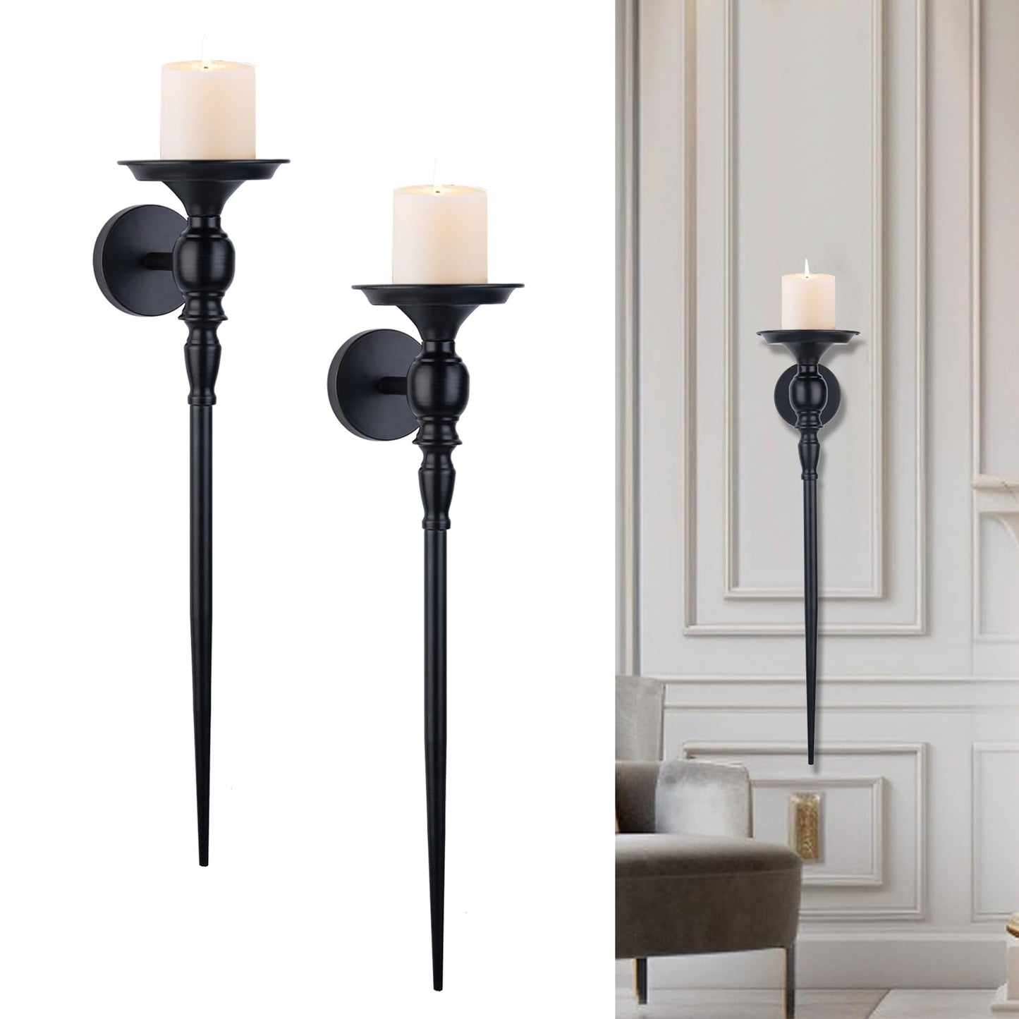 Set of 2, Large Black Scepter Metal Wall Candle Holder