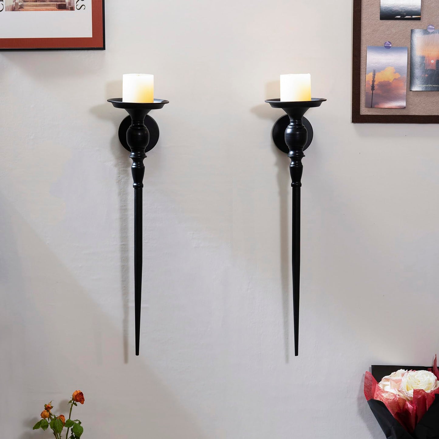 Set of 2, Large Black Scepter Metal Wall Candle Holder
