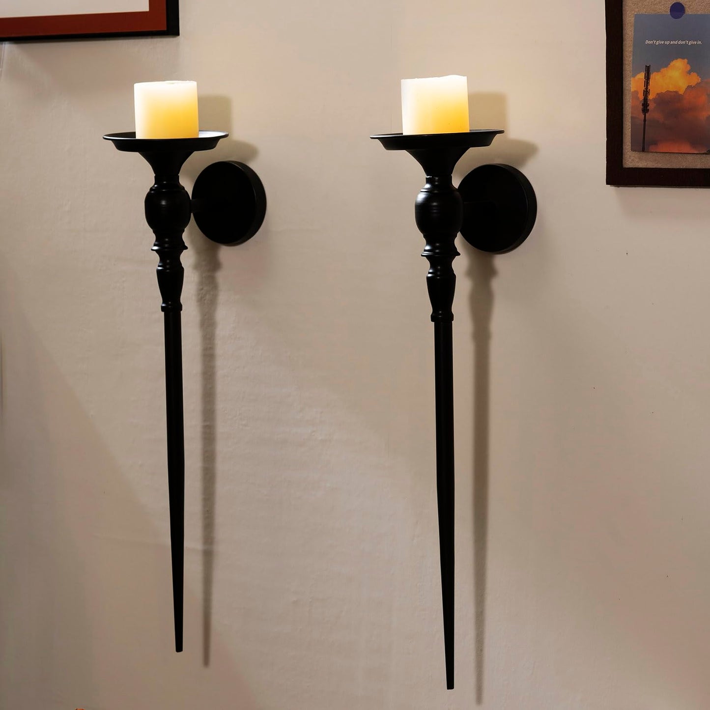 Set of 2, Large Black Scepter Metal Wall Candle Holder