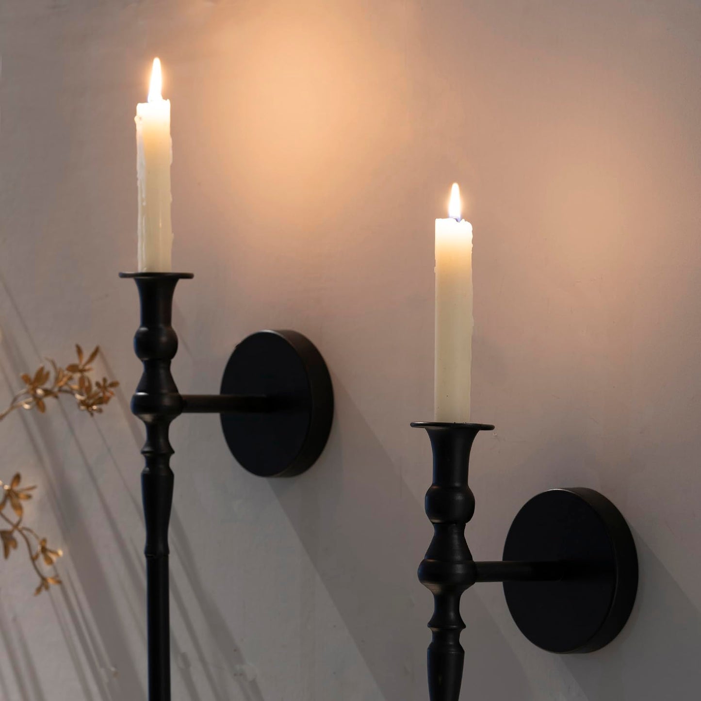 Set of 2, Large Black Scepter Metal Wall Candle Holder