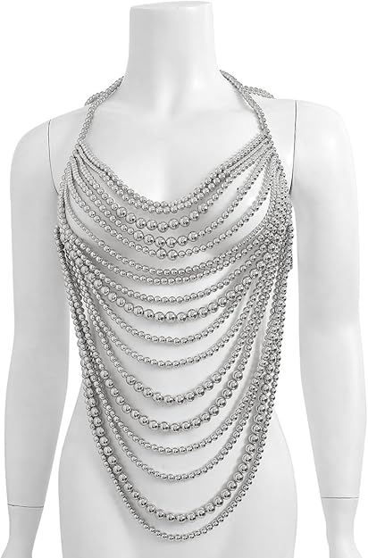 Silver Multi-layer Imitation Pearl Beaded Body Chain