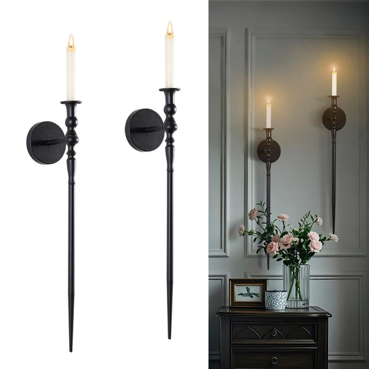 Set of 2, Large Black Scepter Metal Wall Candle Holder