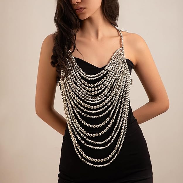 Silver Multi-layer Imitation Pearl Beaded Body Chain