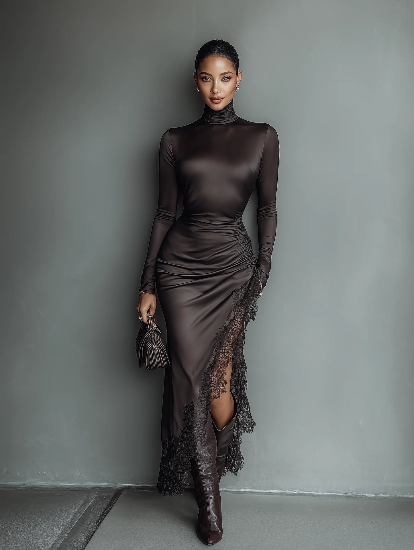 Dark Brown Satin Irregular Hem Lace Dress