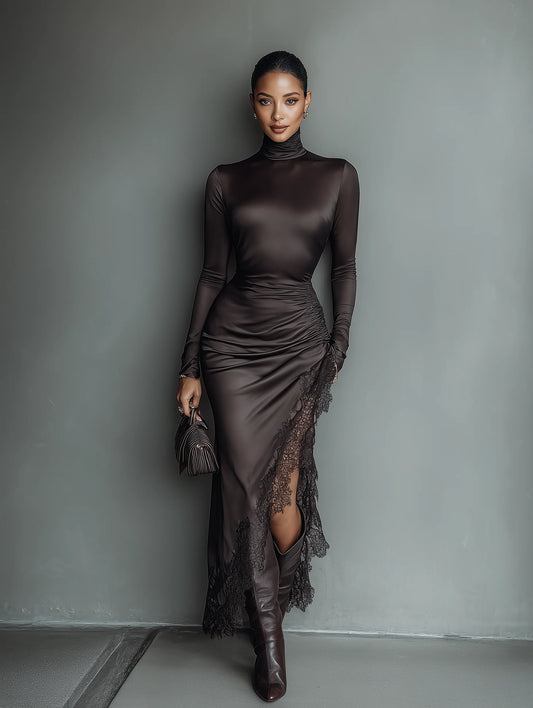 Dark Brown Satin Irregular Hem Lace Dress