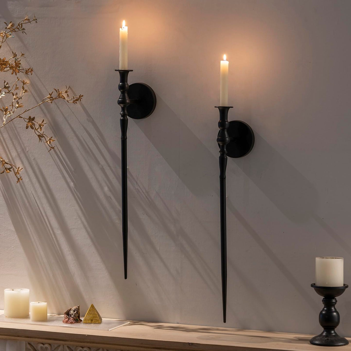 Set of 2, Large Black Scepter Metal Wall Candle Holder