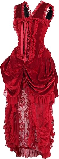 Steel Boned Dark Red Velvet Victorian Bustle Corset Bustier Dress