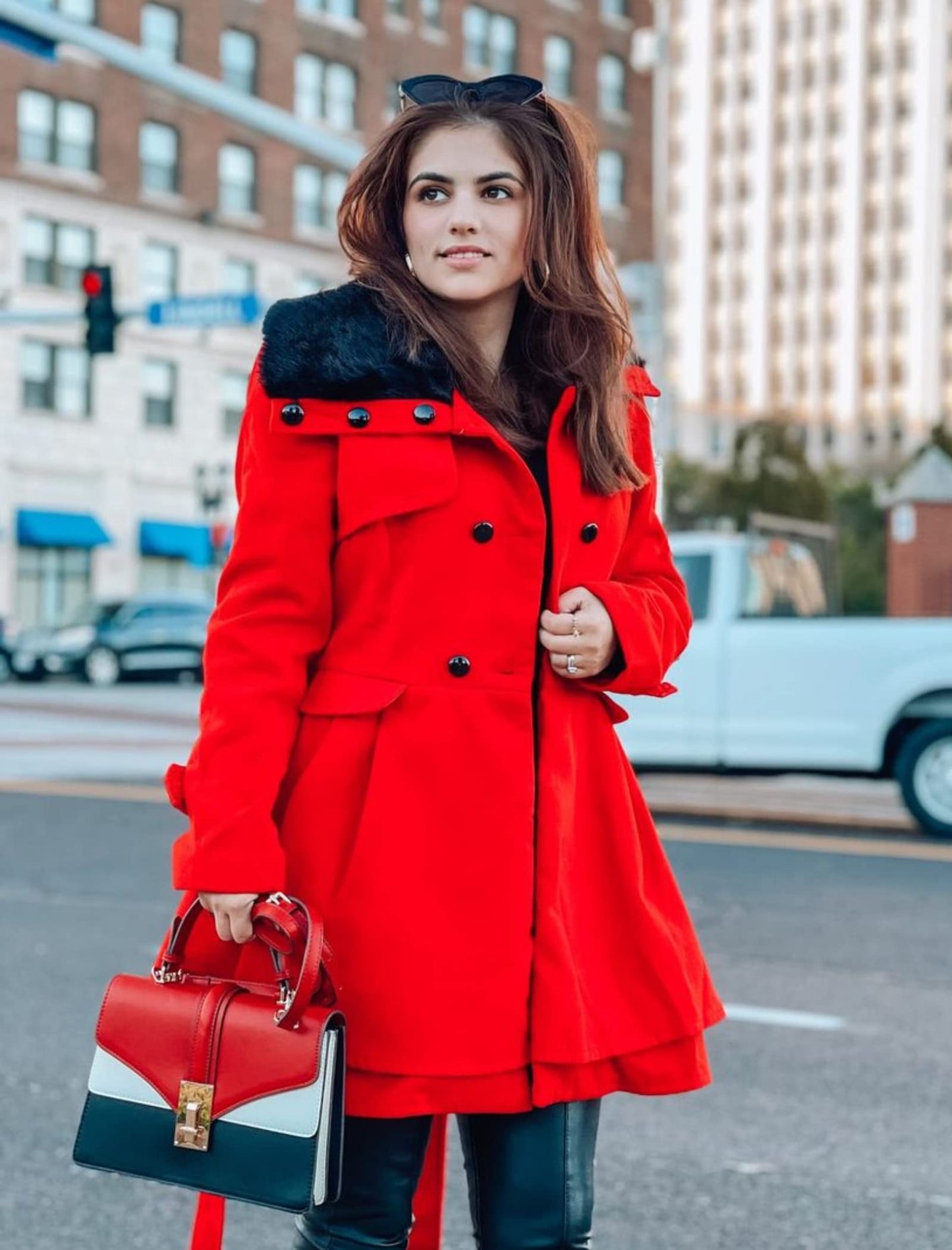 Zeagoo Faux Fur Lapel Double-breasted Thick Wool Coat