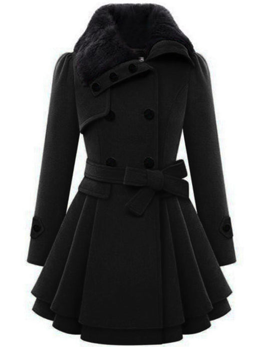 Zeagoo Faux Fur Lapel Double-breasted Thick Wool Coat