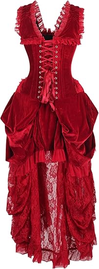 Steel Boned Dark Red Velvet Victorian Bustle Corset Bustier Dress