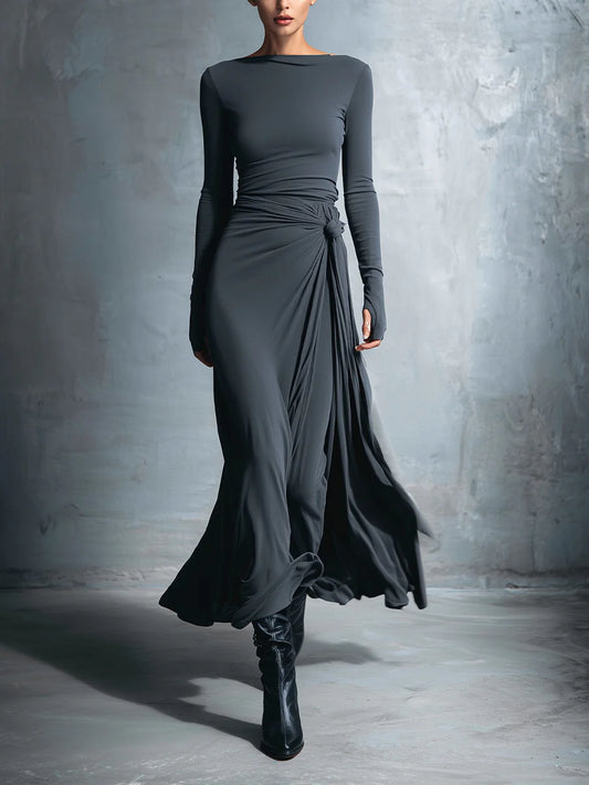 Grey Sophisticated Jersey Knit Wrap - Knot Maxi Dress