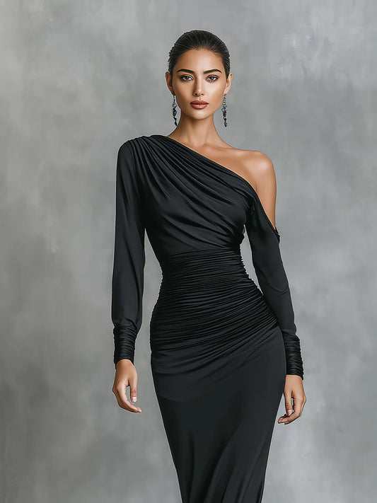 Black Elegant Satin One - Shoulder Mermaid Dress